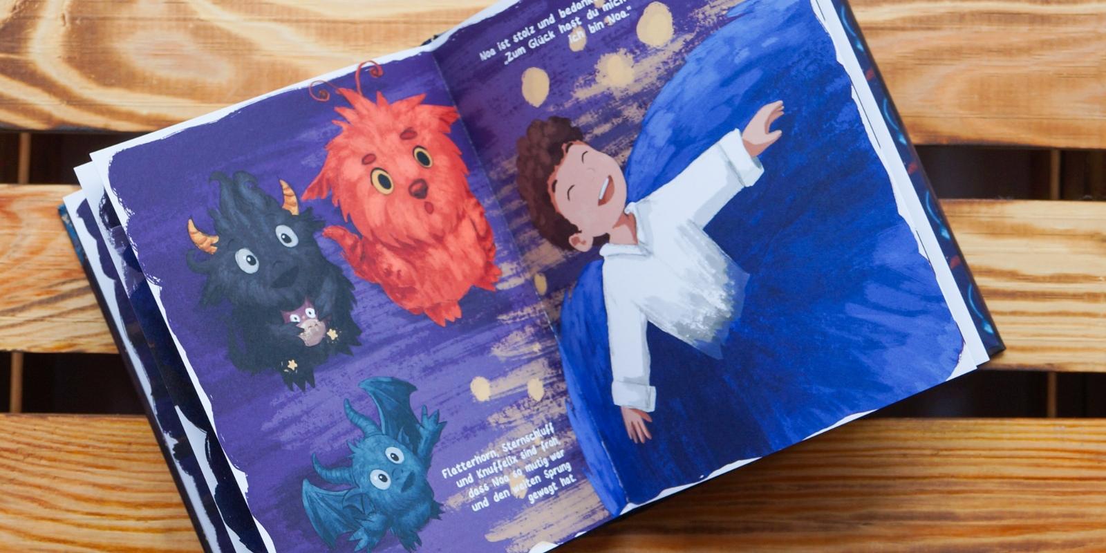 Aufgeschlagene Bilderbuchseite mit einem Kind und Monstern